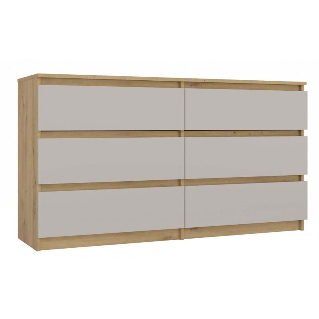 A dresser with six drawers against a white background.