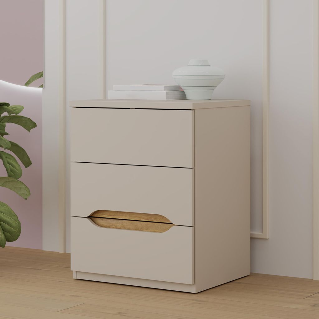 Forte EDWAL Nachttisch 50, moderner Nachtschrank mit abgerundeten Griffmulden, 3 Schubladen, Holzwerkstoff, Kaschmir | Beige Holzdekor, 50,4 cm bre...