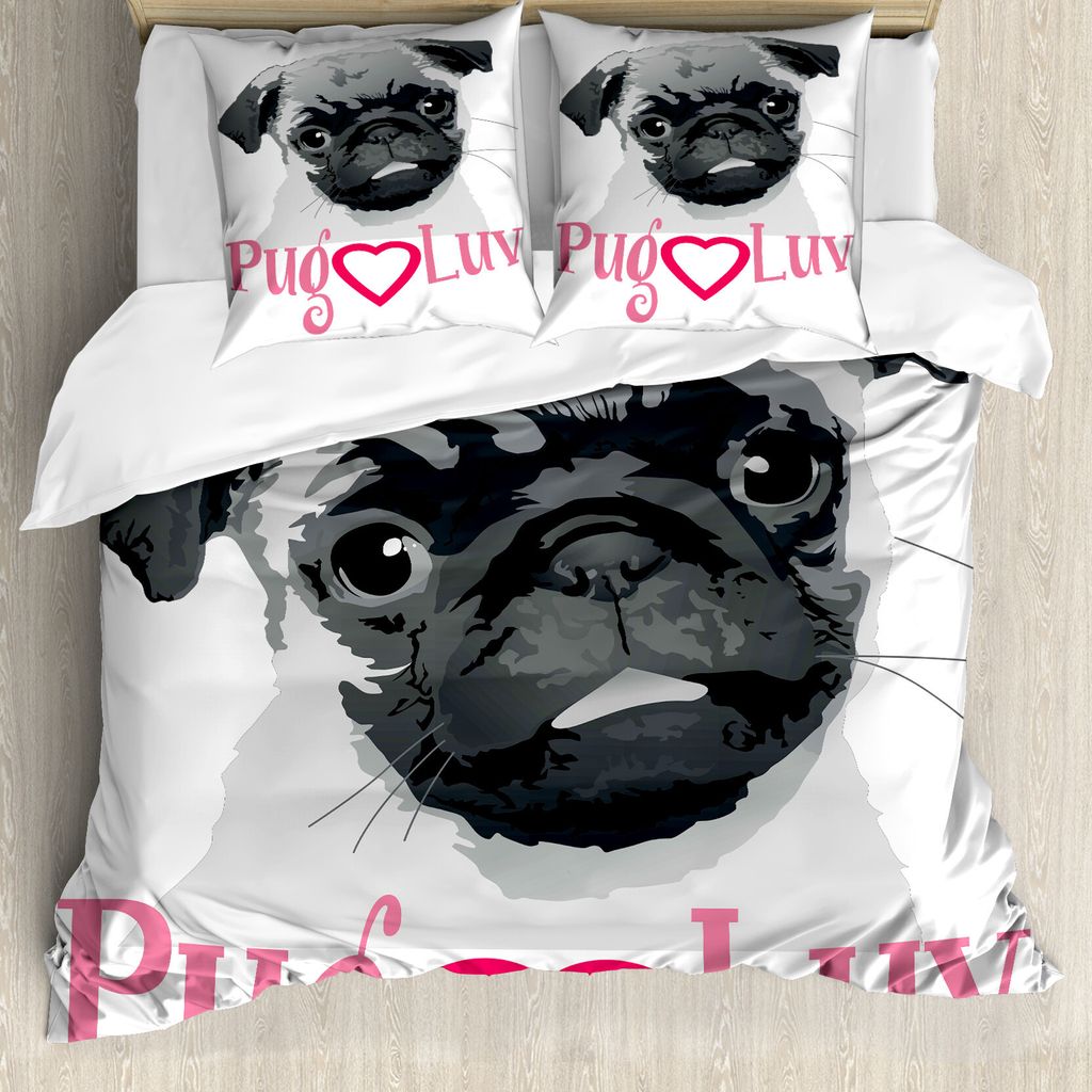 ABAKUHAUS Mops Bettbezug, Mops-Liebes Bild Grau, Milbensicher Allergiker geeignet mit Kissenbezügen, 155 cm x 220 cm - 80 x 80 cm, Dunkelgrau-Rosa...