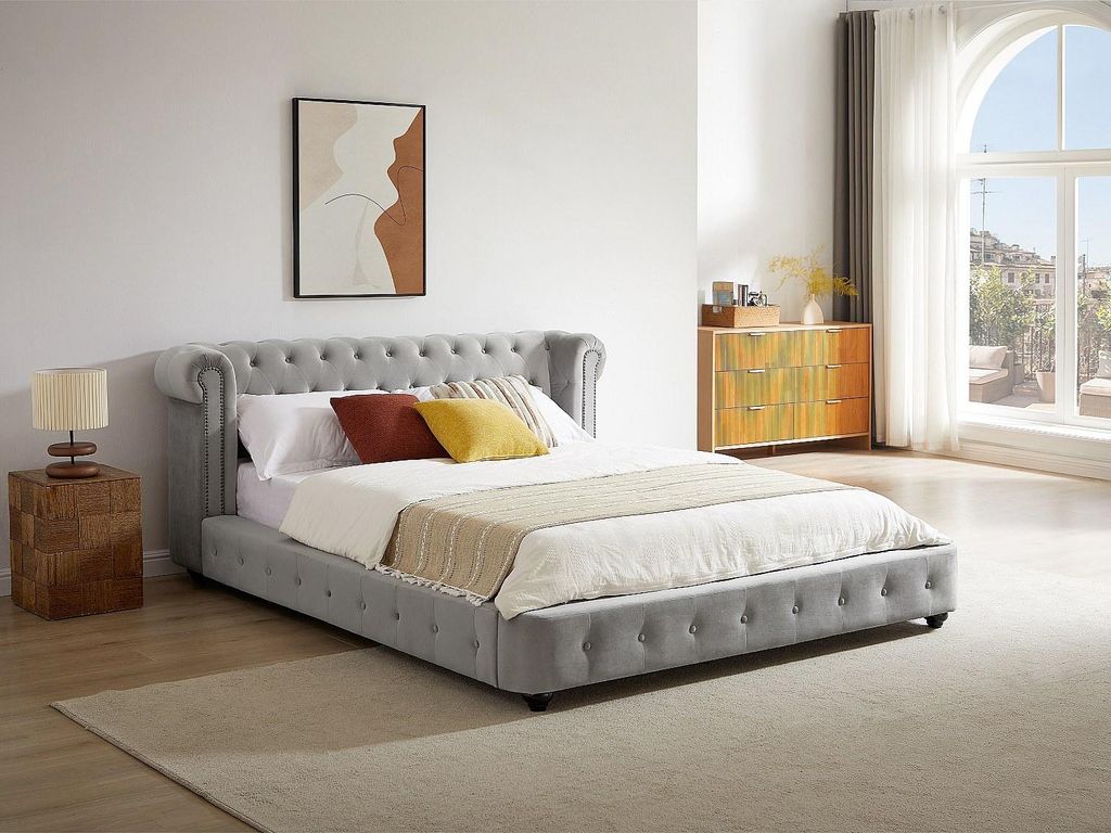 Chesterfield-Bett - 160 x 200 cm - Samt - Hellgrau - TONGERLA