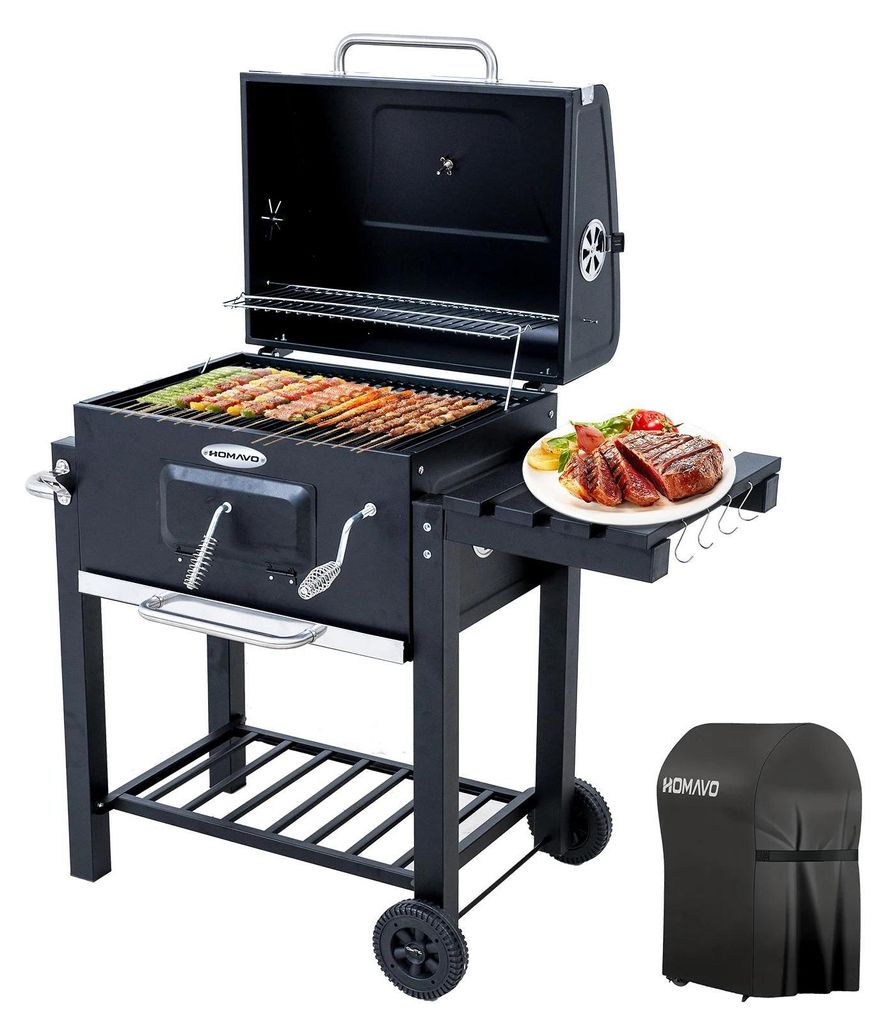 Holzkohlegrill - BBQ-DC - Emaillierter Rost 56 cm - Warmhalterost 53,5 cm - Verstellbare Kohleschale - Klappbarer Seitentisch - Räder & Regenabdec...