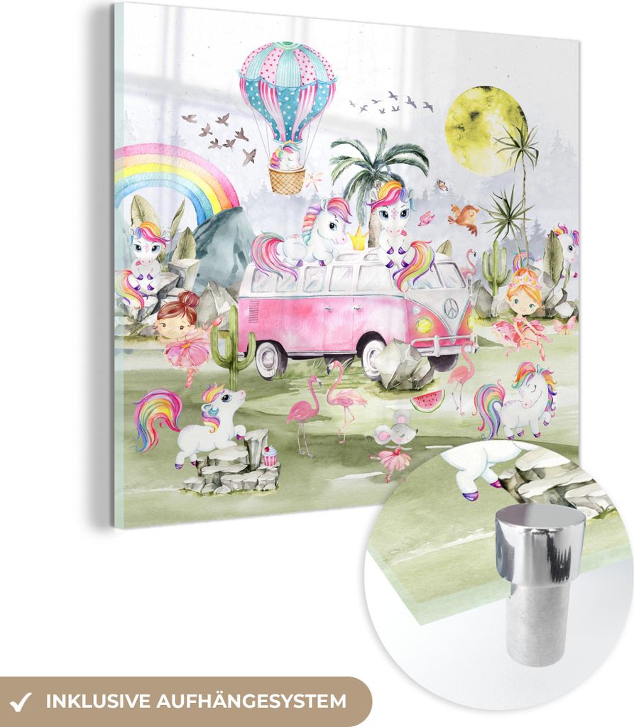 MuchoWow Glasbilder - Bilder auf Wandbild - Foto auf Glas Einhorn - Regenbogen - Kinder - Mädchen - Auto 50x50 cm Wanddekoration aus Glas - Acrylg...