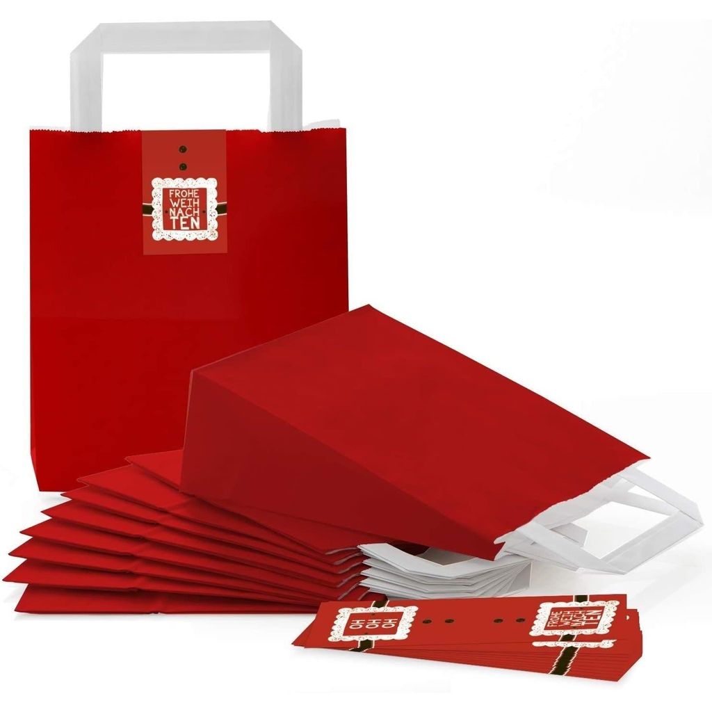 10 rote kleine Papiertüten Papiertaschen Boden u. Henkel 18 x 8 x 22 cm + 10 Banderolen Aufkleber 5 x 15 cm Weihnachtstüten Nikolaus-Säckchen We...