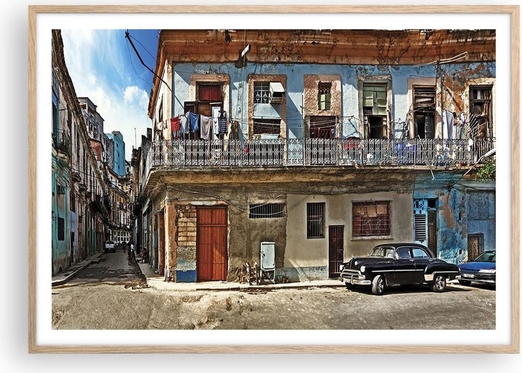 Gerahmtes Poster - Rahmen in heller Eiche - Kuba Havanna Balkon - 100x70 cm - Wand Bild - Wanddeko - Wandbilder - Wandposter - Bilderrahmen - Bilde...