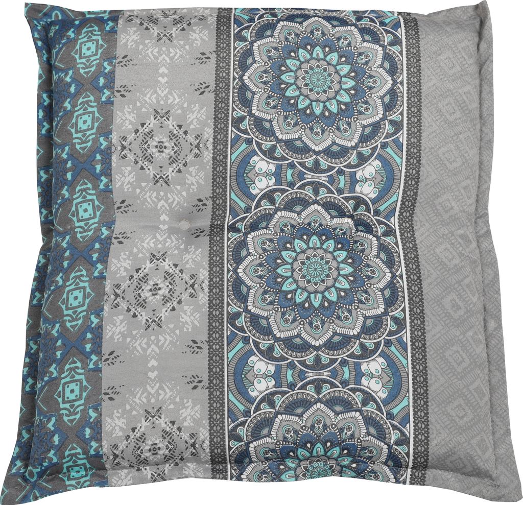 A square cushion with a patterned design.