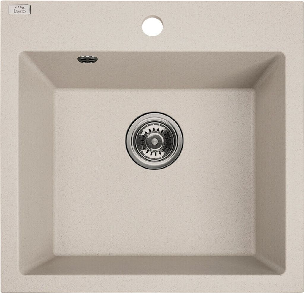 A top-down view of a beige granite kitchen sink.