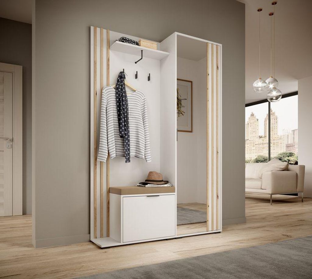 Garderobe – Garderobenmöbel – Garderobe mit Spiegeltür NELLY – Weiß – 131 cm – Flurgarderobe mit Sitzkissen – Modernes Design
