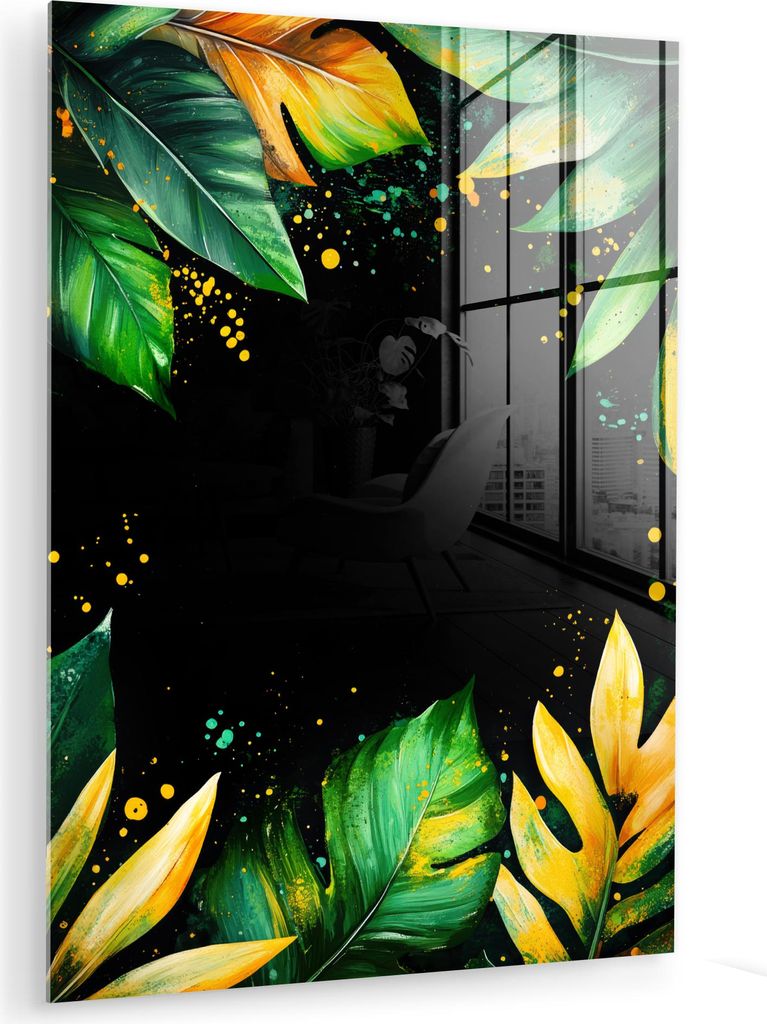 MuchoWow Glasbilder - Bilder auf Wandbild - Foto auf Glas Blätter - Grün - Gelb - Farbe - Dschungel 30x40 cm Wanddekoration aus Glas - Acrylglasb...
