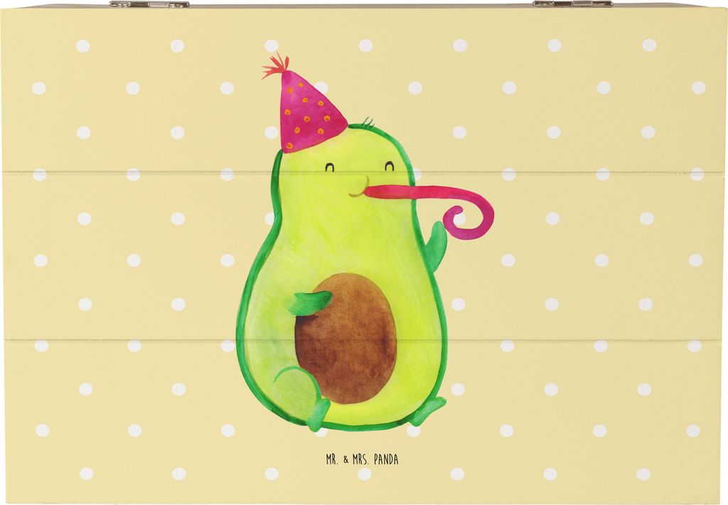 Mr. & Mrs. Panda Holzkiste Avocado Feier 22 x 15 cm - Gelb Pastell - Geschenk, Geburtstag, mit Deckel, Party, Box, Tröte, Gute Laune, Erinnerungsb...