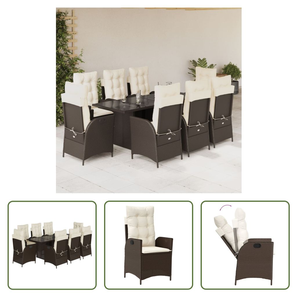 The Living Store 9-tlg. Garten-Essgruppe mit Kissen Braun Poly Rattan