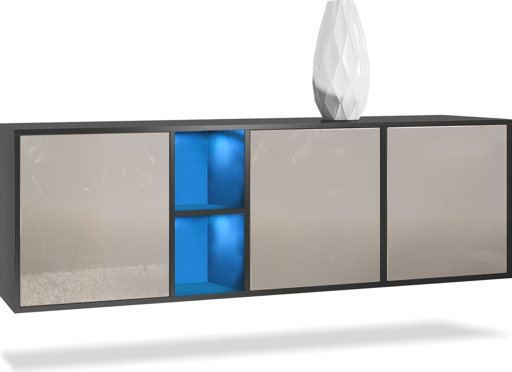 Vladon Kommode Cuba, Germany, Schwarz matt/Sandgrau Hochglanz - Modernes Sideboard für Ihr Wohnbereich - (BxHxT) 182x53x35 cm