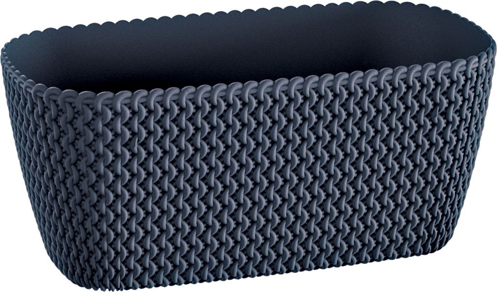 A dark grey rectangular planter with a knitted texture.