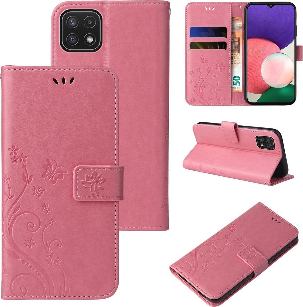 Handyhülle für Samsung Galaxy A22 5G Floral Blumen Schmetterling Flip Cover Hülle Case Klapphülle Handytasche Farbe: Rosegold