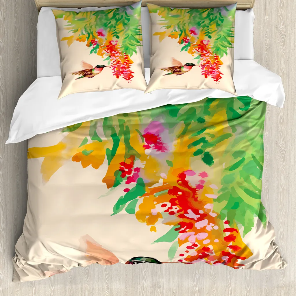 ABAKUHAUS Copripiumino Colibri, Colibri Albero esotico, Antiacaro Adatto a chi soffre di allergie con federe, 155 cm x 220 cm - 80 x 80 cm, Verde, Rosso, Beige