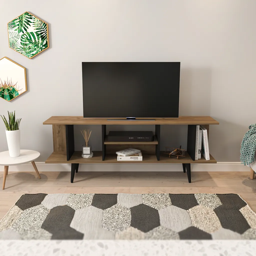 Banc TV Design Industriel en Bois de Noyer et Métal Noir Akya 180cm