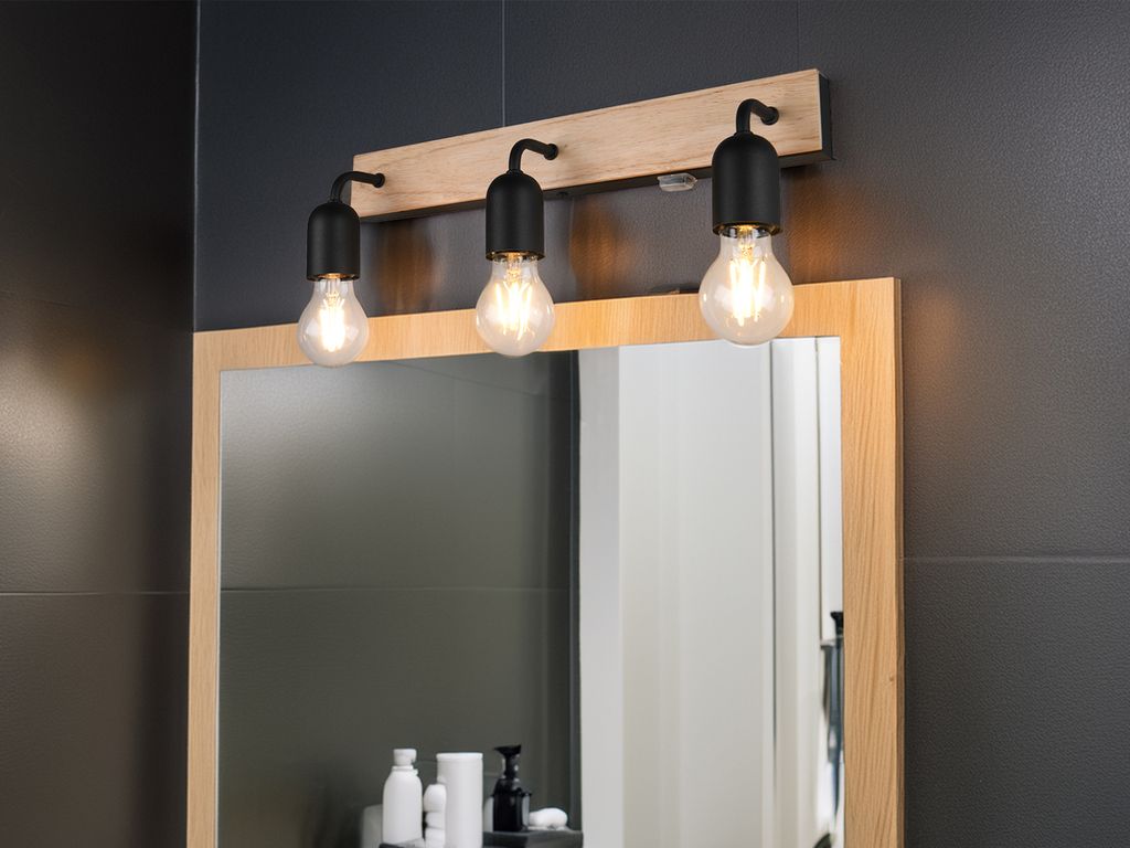 LED Wandleuchte für Badezimmer Spiegel mit Schalter und Holz, 3-flammig B: 45cm