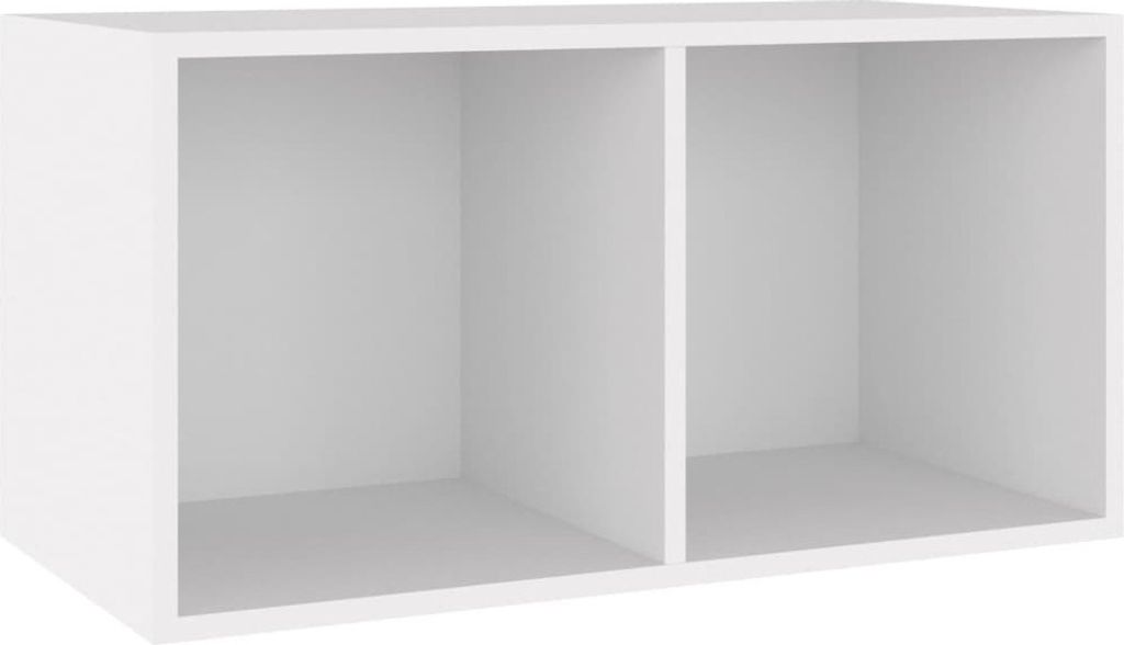 A white two-compartment shelf unit, shown from a slightly elevated front-side angle.