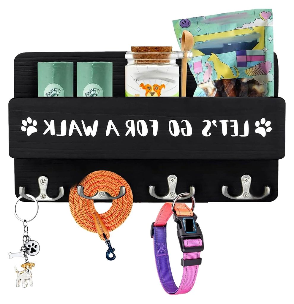 Hundegarderobe mit Ablage, Hundeleinen Halterung Wand mit 4 Haken, Groß Wandhalter für Hundeleine, Holz Hunde Garderobe Schlüsselbrett für Flur...