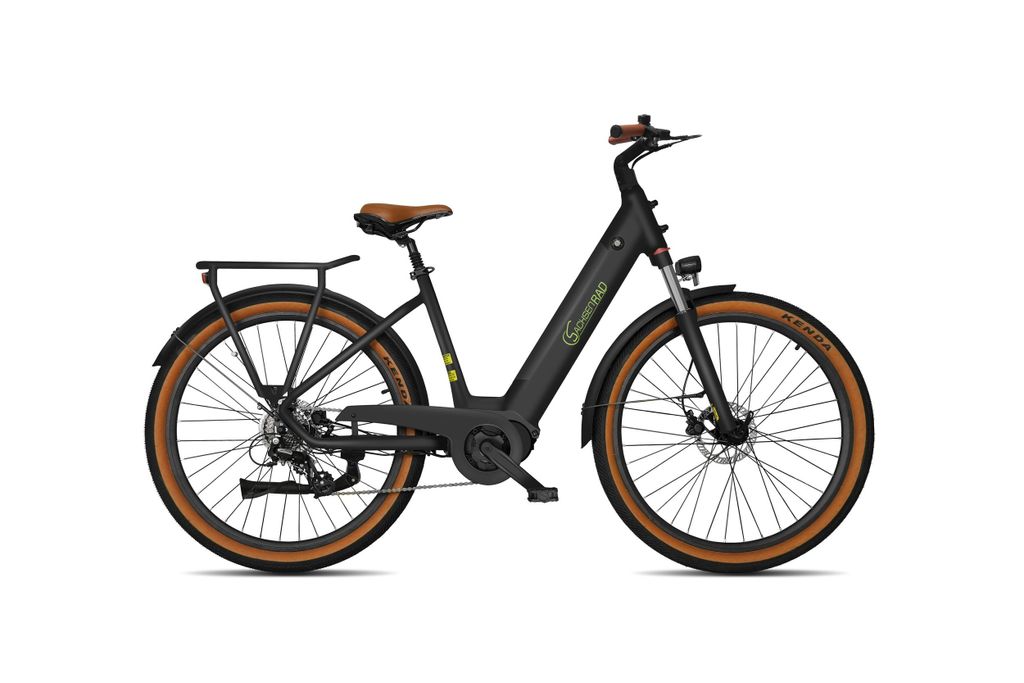 A black electric bicycle with brown accents is shown against a white background.