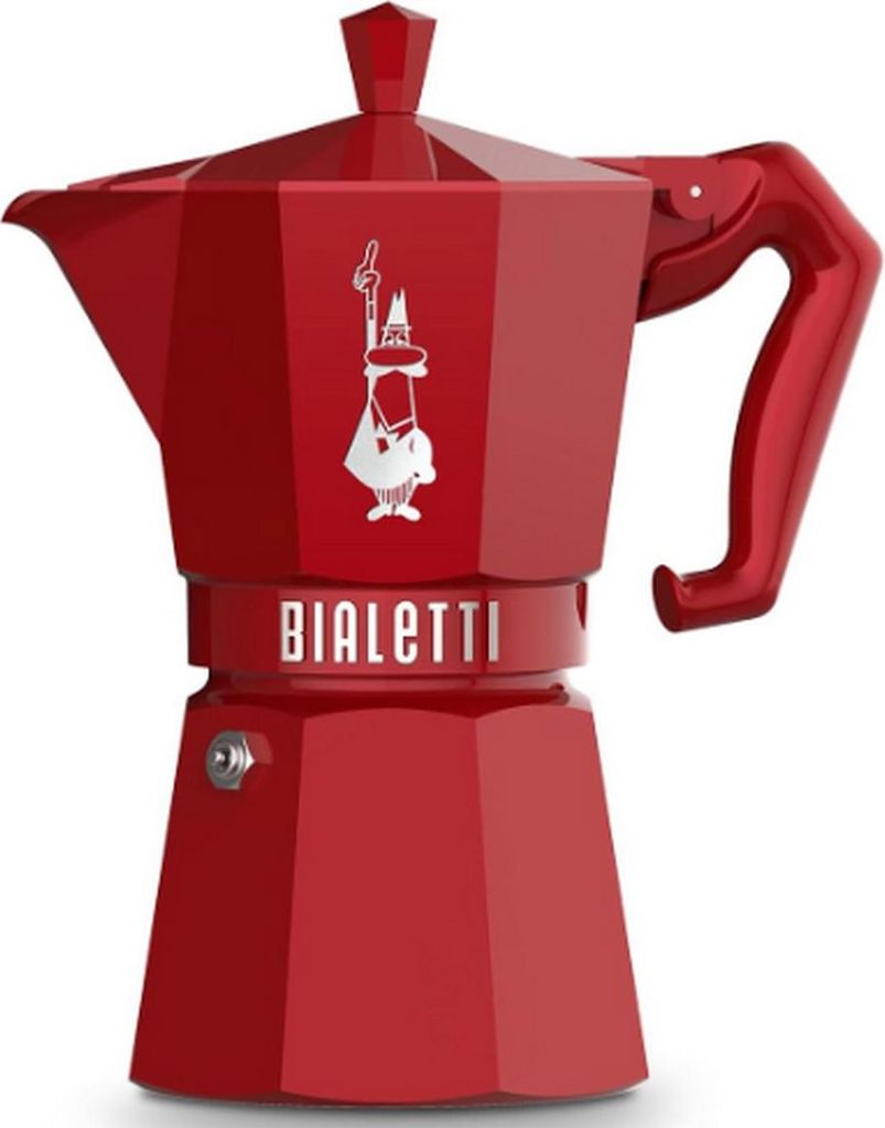 A red Bialetti Moka coffee maker is shown against a white background.