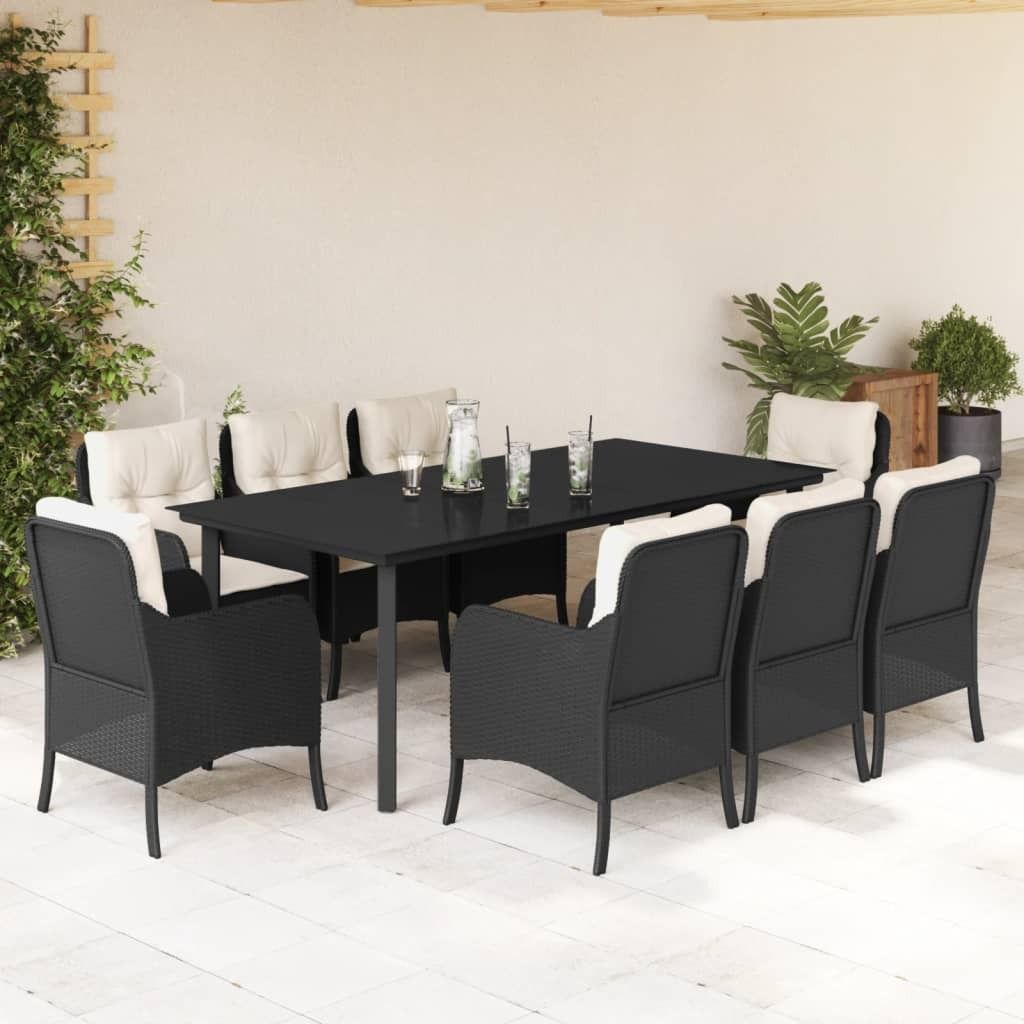 "Rabatt" 9-tlg. Garten-Essgruppe - mit tishe & Stuhl - mit Kissen Schwarz Poly Rattan - Lounge-Dining set CC9396