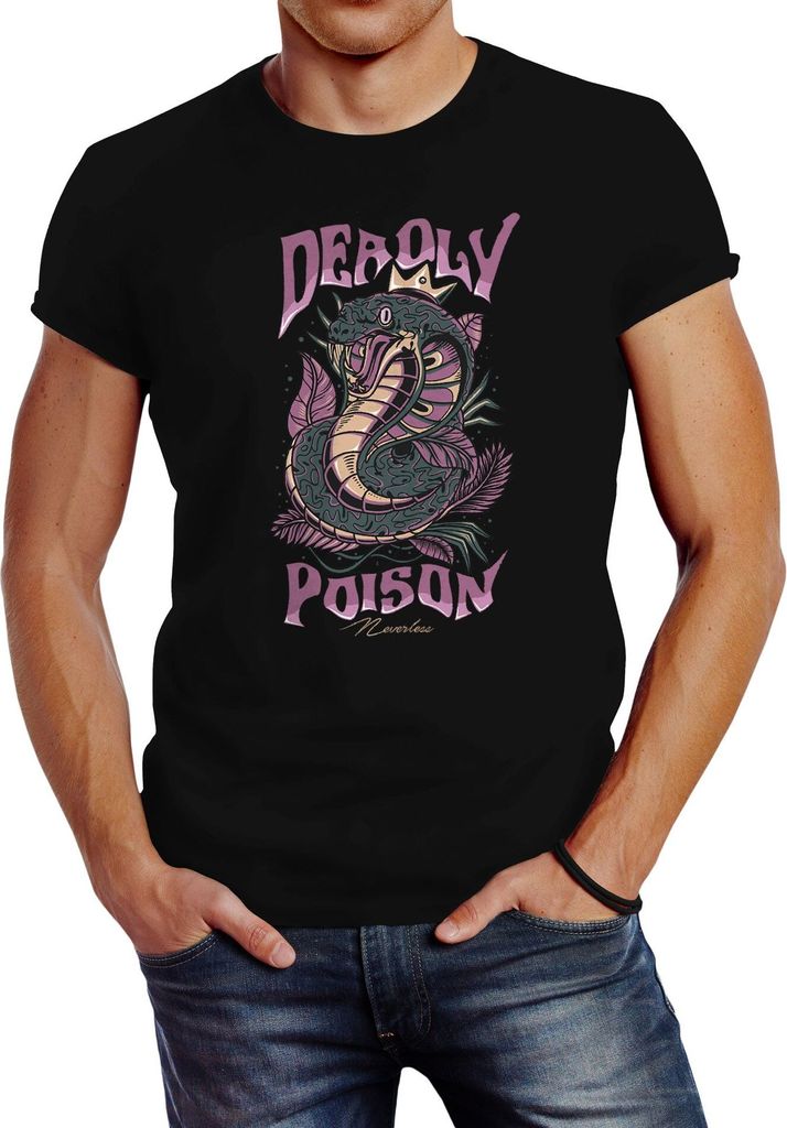 Herren T-Shirt Deadly Poison Kobra shirt Cobra Motiv-Print Schlangenmotiv Snake Slim Fit Neverless schwarz 3XL