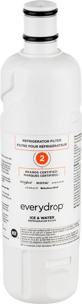 A white refrigerator water filter with branding and product information.