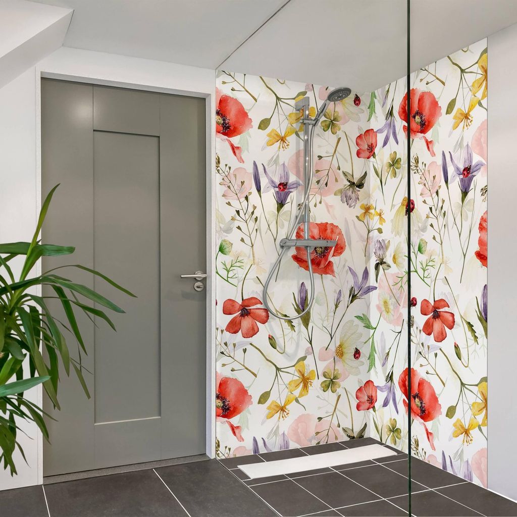 Duschrückwand Muster selbstklebend - 0.35 mm Wandpaneel wasserfest Blumenmuster rot Aquarell Badrückwand fugenlos Smart matt 100x210 cm