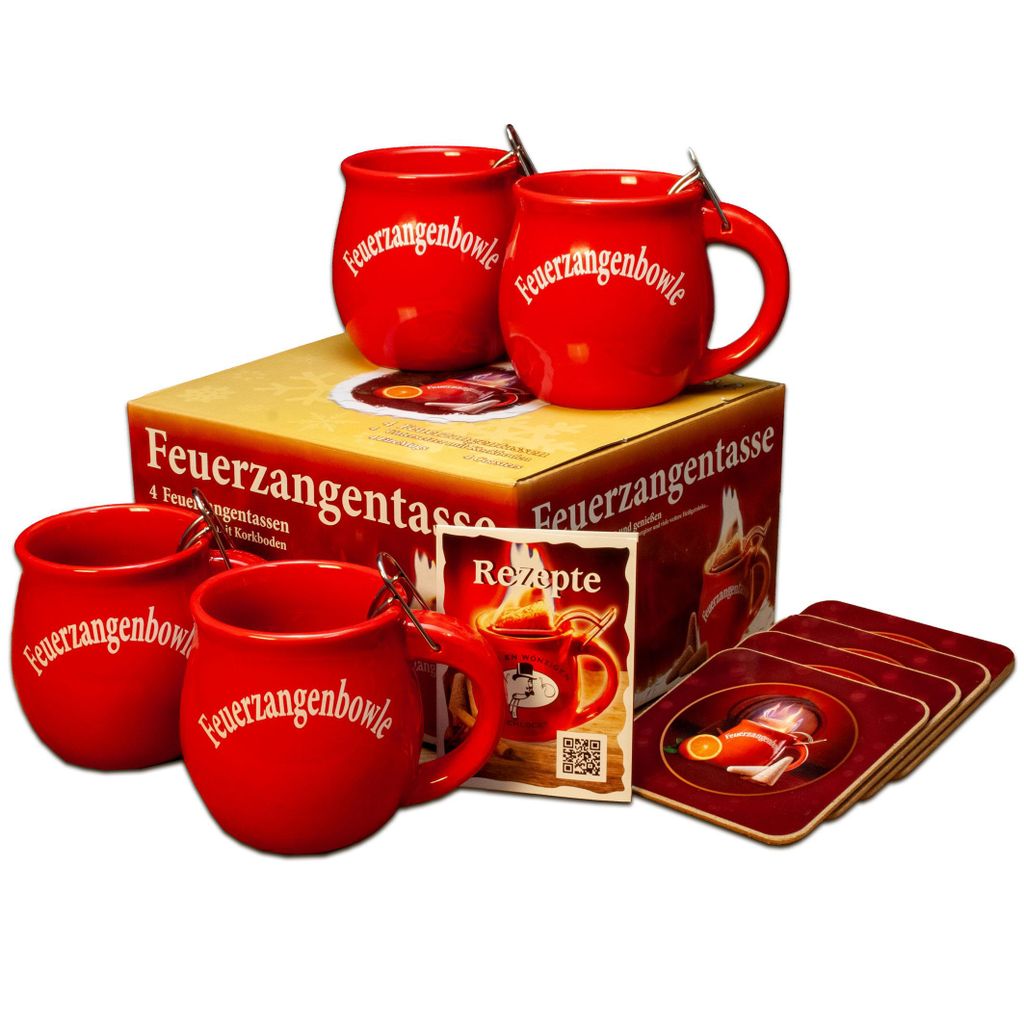 A set of red Feuerzangentassen (mulled wine mugs) with a box and coasters.