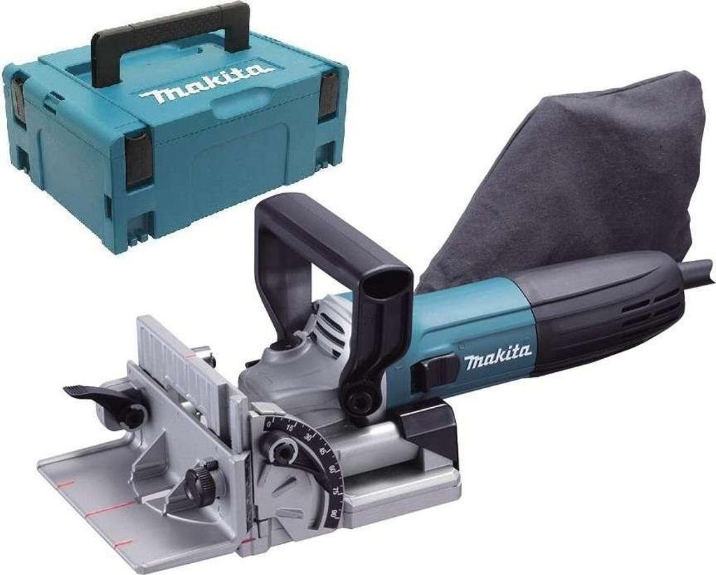 A Makita PJ 7000J Nutfräse Flachdübelfräse and its storage case are shown against a white background.