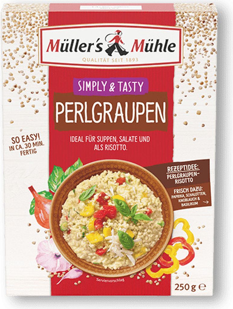 A product package for Müllers Mühle Perlgraupen, featuring an image of the prepared dish.