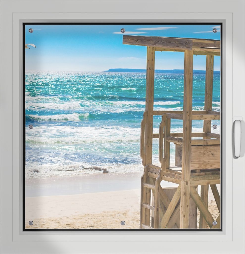 Wallario Lichtschutzbild, Dekorativer Sichtschutz Sonnenschutz 96 x 100 cm mit Motiv: Badestrand - Mallorca Spanien - Verdunklung ohne Bohren
