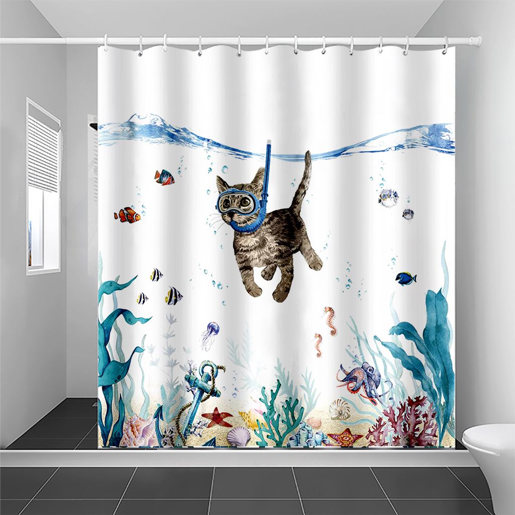 Tauchen Katze Druck Wasserdicht Bad Vorhang Durable Polyester Moderne Badezimmer