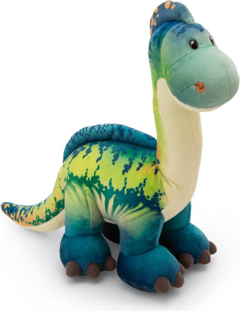 A plush toy dinosaur is shown against a white background.
