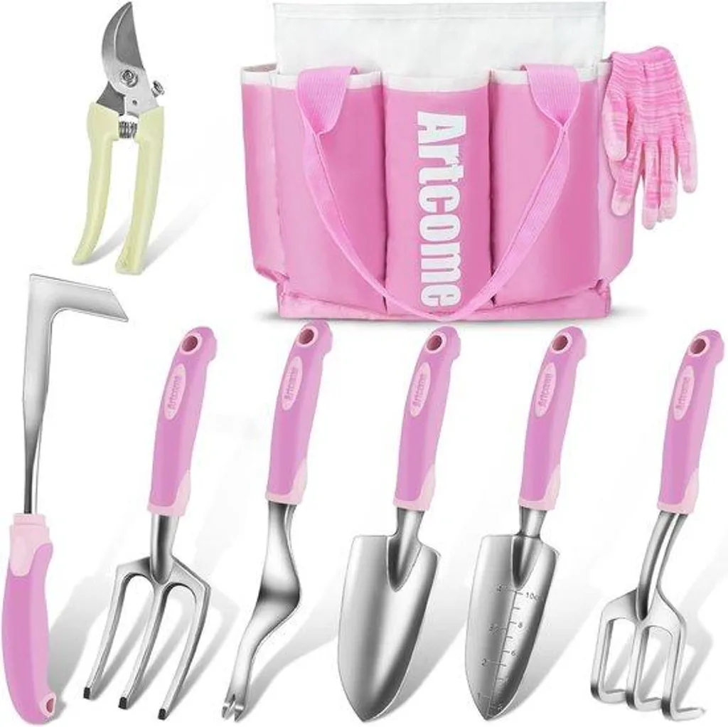 Set d'outils de jardinage ergonomique 9 pièces rose contre fatigue