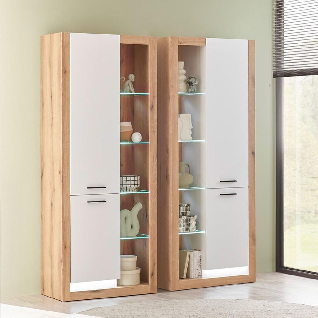Wohnzimmer-Vitrinenschrank 80 cm breit in Eiche mit weiß matt, 2 Türen, Glaseinlegeböden, LED Beleuchtung BELLAGIO-61