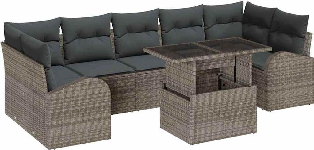 "2026 MODERNE" Gartensofa Set - Balkonmöbel/Loungeset - elegantes Design - mit Kissen mit Speicher 8 pcs Grau Poly Rattan - 289x124x85cm - Gartens...