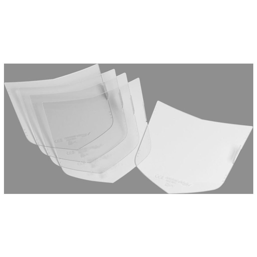 Several transparent plastic shields are stacked and fanned out, with one shield placed separately to the right.