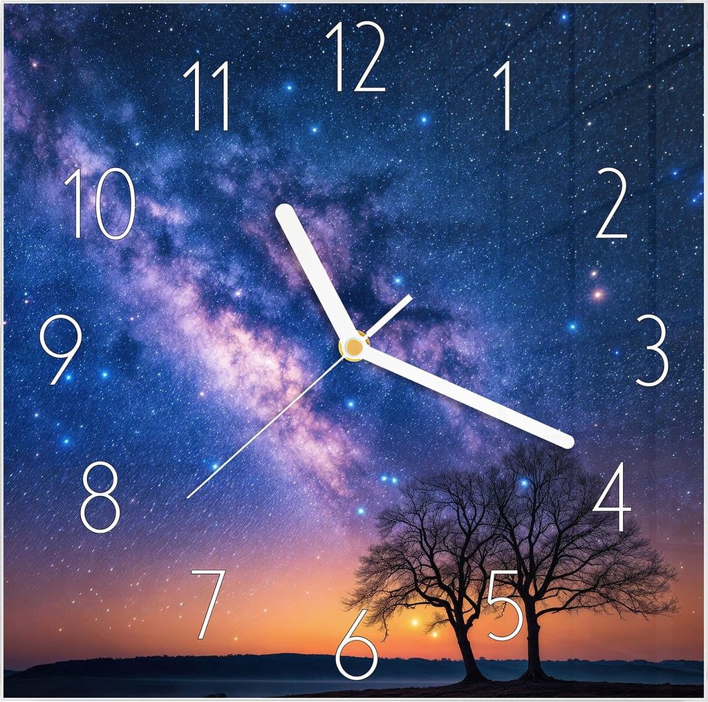 Wanduhr aus Glas mit Motiv Sternenhimmel Baum- 30 x 30 cm - inkl. Aufhängesystem