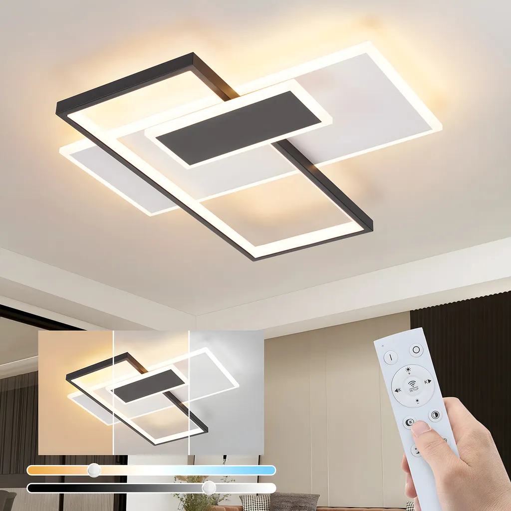 ZMH Plafonnier LED Salon 58W Dimmable avec Télécommande Noir et Blanc