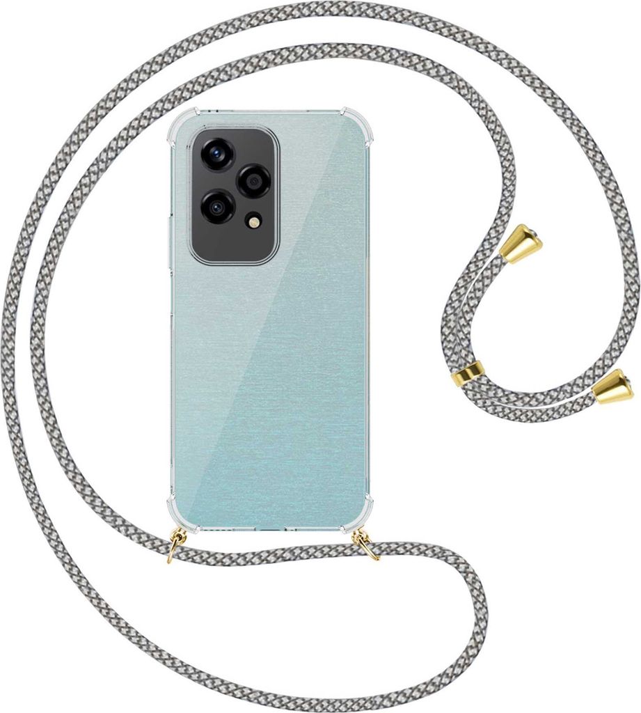 Handykette Backcover-Schutzhülle mit Band (Metall goldfarben) für Honor 200 Lite - weiß/grau kariert