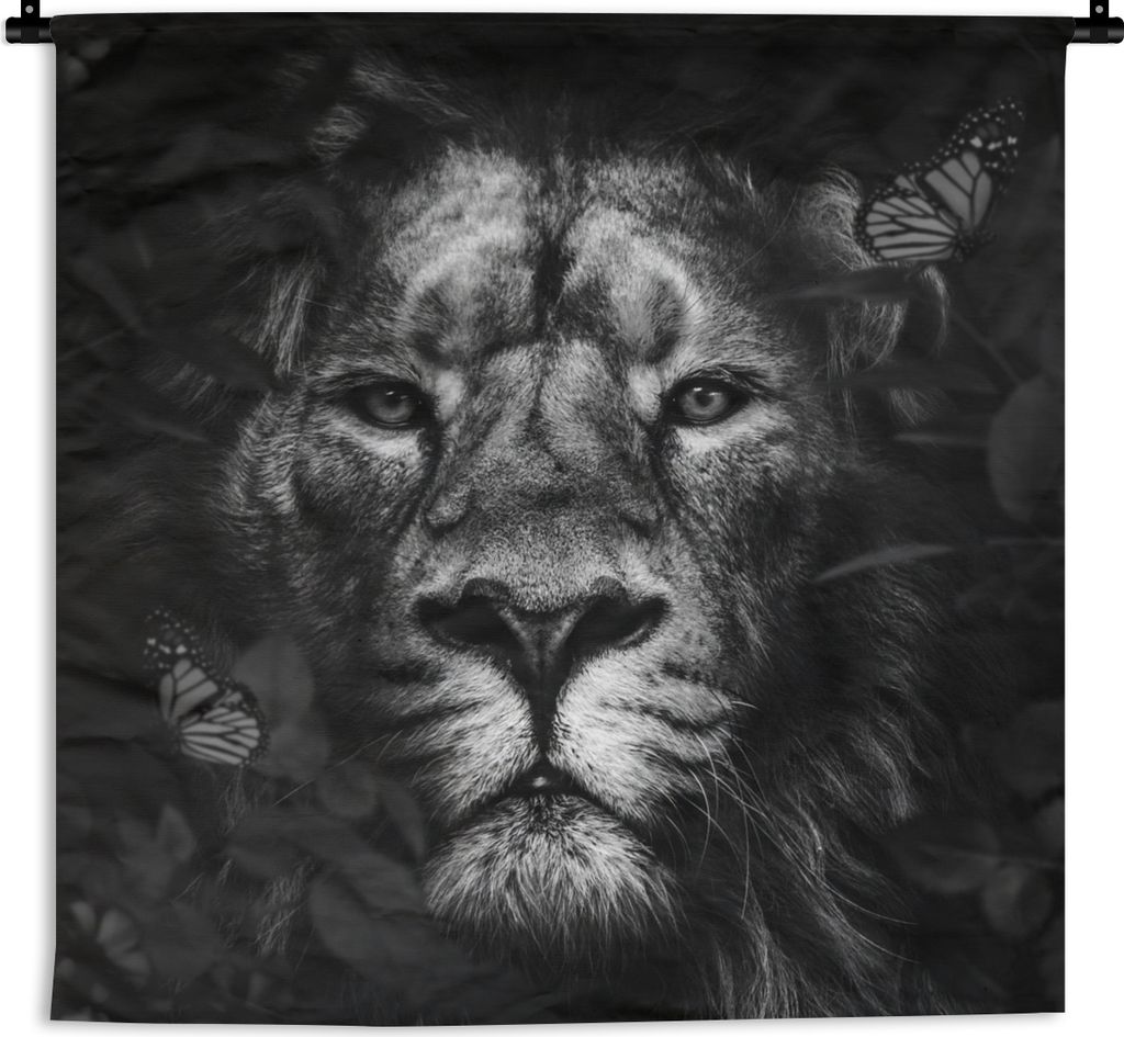 MuchoWow Wandteppich Wandbehang Schmetterling - Löwe - Pflanzen - Schwarz - Weiß 150x150 cm Tapisserie Dekoration Wandtuch - Wohnaccessoires - ...
