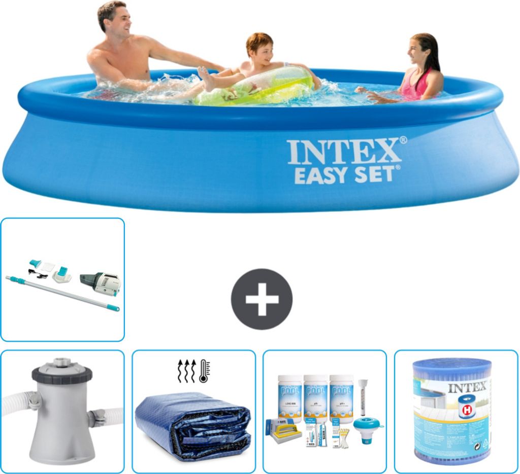 Intex runder aufblasbarer Easy Set-Schwimmpool – 305 x 61 cm – Blau – inklusive Pumpe Sonnensegel - Wartungspaket - Filter - Staubsauger