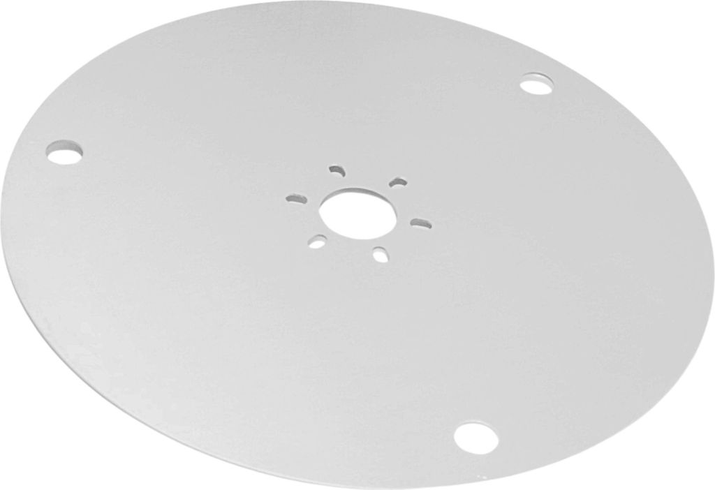A white circular plate with holes in the center and around the edge, shown from a slightly elevated angle against a white background.