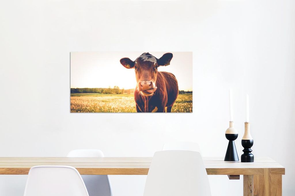 MuchoWow Wanddekoration Metall Metallbild Wandkunst 80x40 cm Kuh - Sonnenuntergang - Blumen - Gras - Tiere MuchoWow Aluminium Gemälde - Wanddekora...
