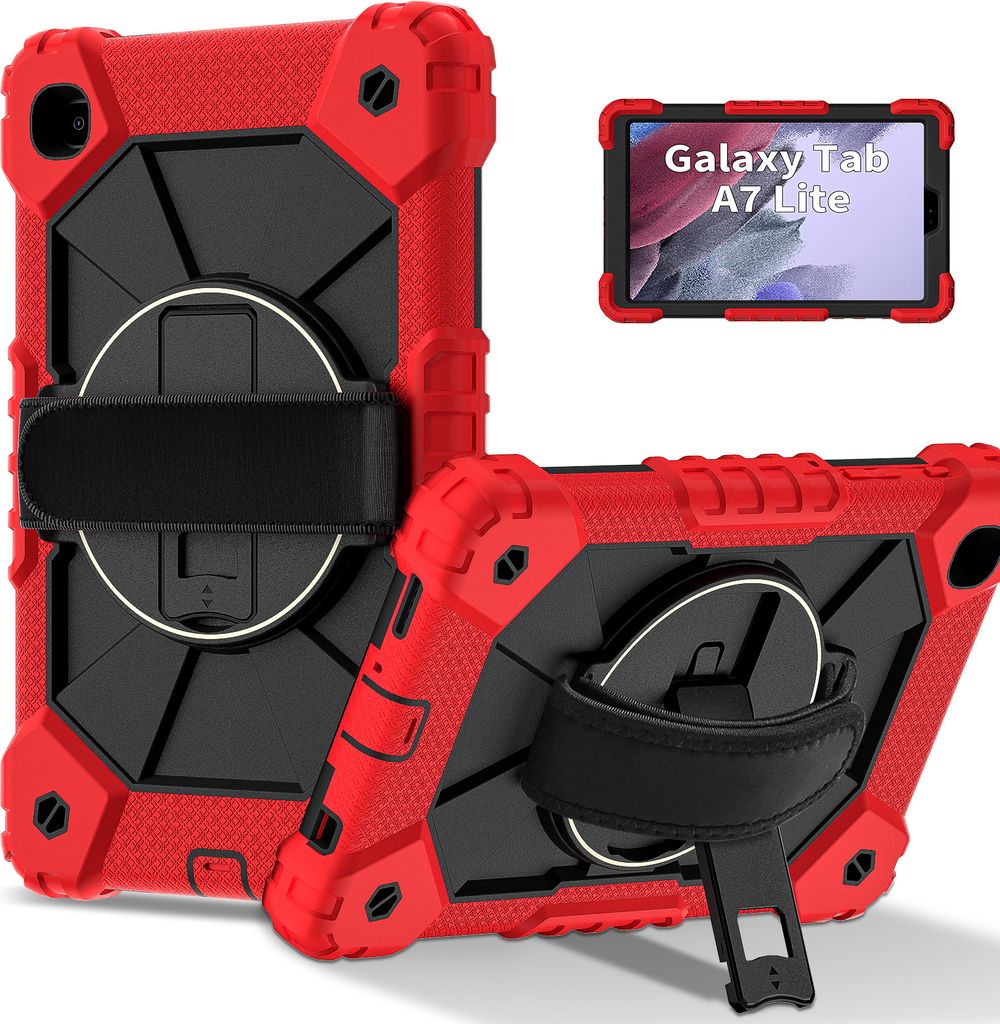 Hülle für Samsung Galaxy Tab A7 Lite 8,7" 2021 SM-T220/T225/T227 Tablette Schutzhülle Stoßfeste mit 360 Drehbarer Handschlaufe/Ständer Rot Sch...