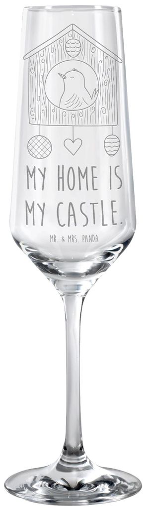 Mr. & Mrs. Panda Proseccoglas Vogel Haus - Transparent - Geschenk, Sektkelch, Wohnung, Familie, Kelchglas, Glas, Champagnerglas, Sektglas mit Gravu...