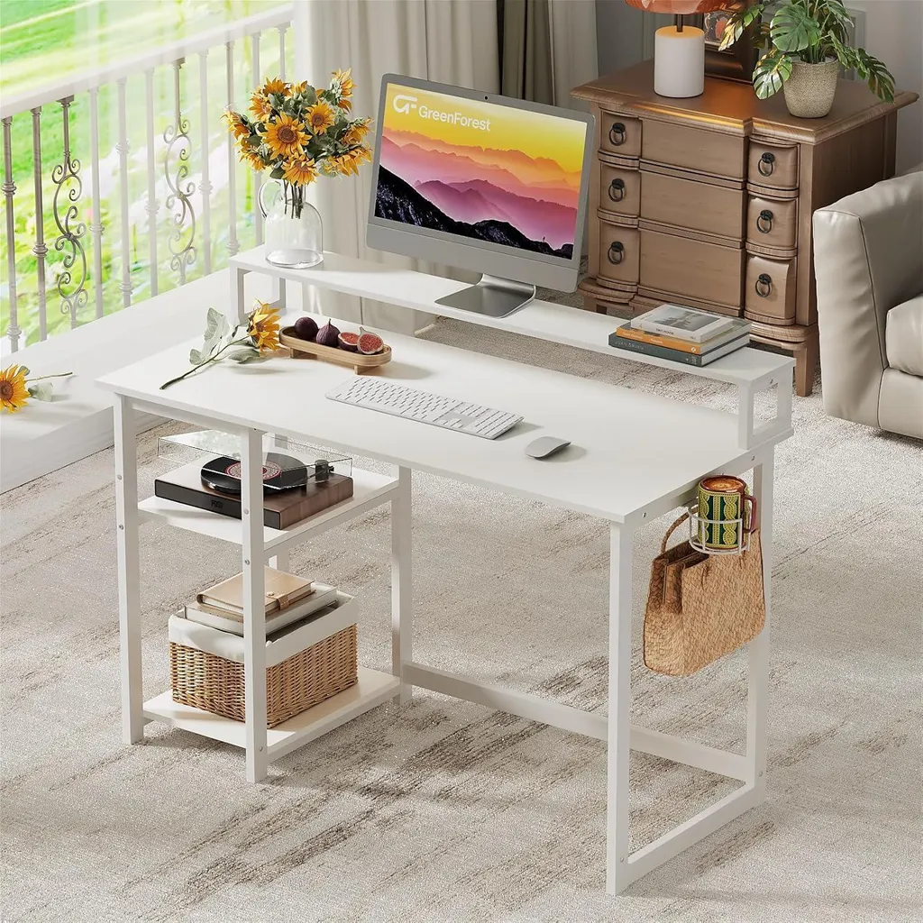 Bureau blanc avec étagère et support d'écran 100x50cm - Gamme Oslo - 2