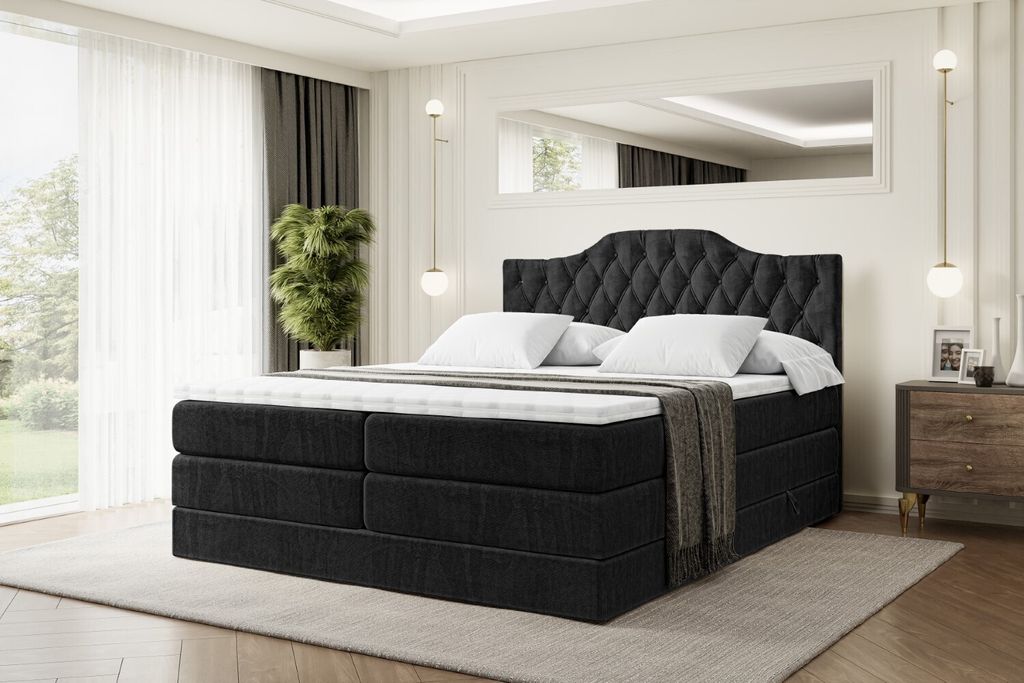 ALTDECOR Boxspringbett mit 2 Matratzen und Topper - 160x200 cm - VILA-1 KING - Schwarz Samt - Polsterbett mit, H3- und H4- Matratzen, Bettkasten un...