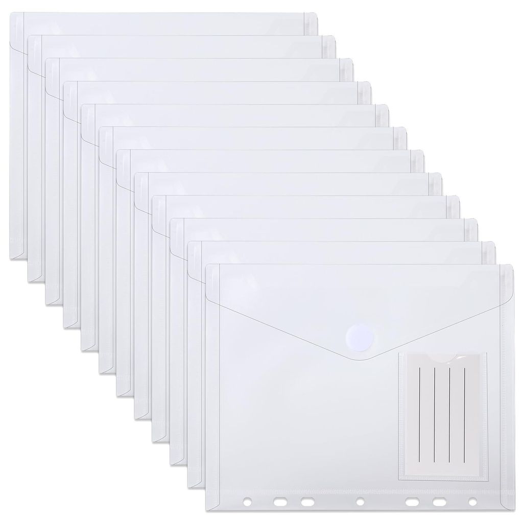 Set mit 12 A5-Dokumentenmappen, 22,5 x 18 cm, transparent, wasserdicht, mit 7 Perforationen.